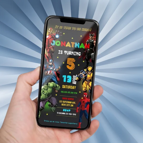 A superhero invite on a mobile phone