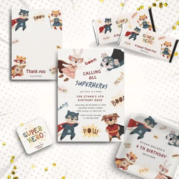 Stationery collection for a superhero animals kids party