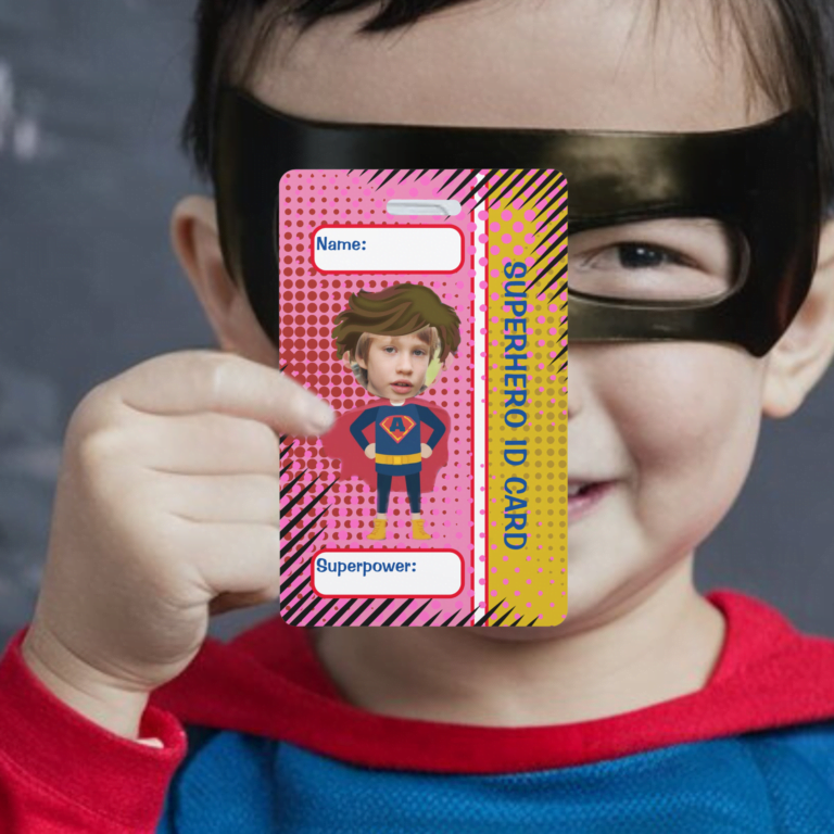 A boy super hero holding up his superhero id card