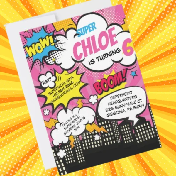An invitation for a 6 year old that can be personalised, with a super hero theme