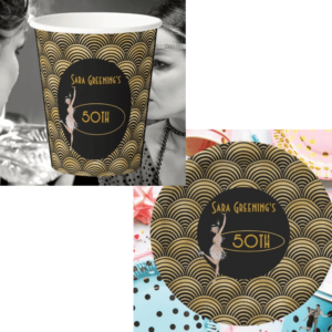 Gold and black table setting with art deco plates and napkins – Gatsby-themed party décor