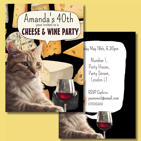 cat drinking wine, cheese and wine party invite