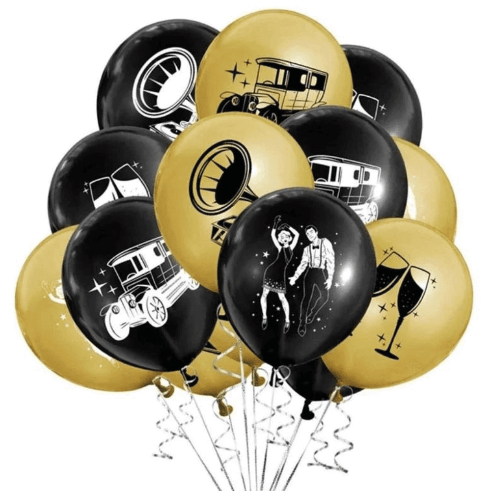 Black and gold balloons with great gatsby pics on front