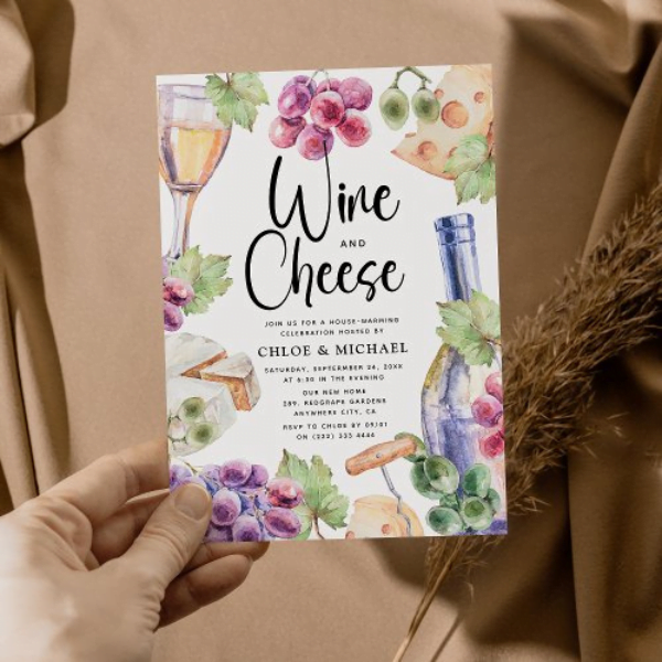 Invite with pictures of wine and cheese