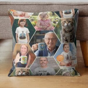 A cushion that has lots of photos in a honeycomb pattern.