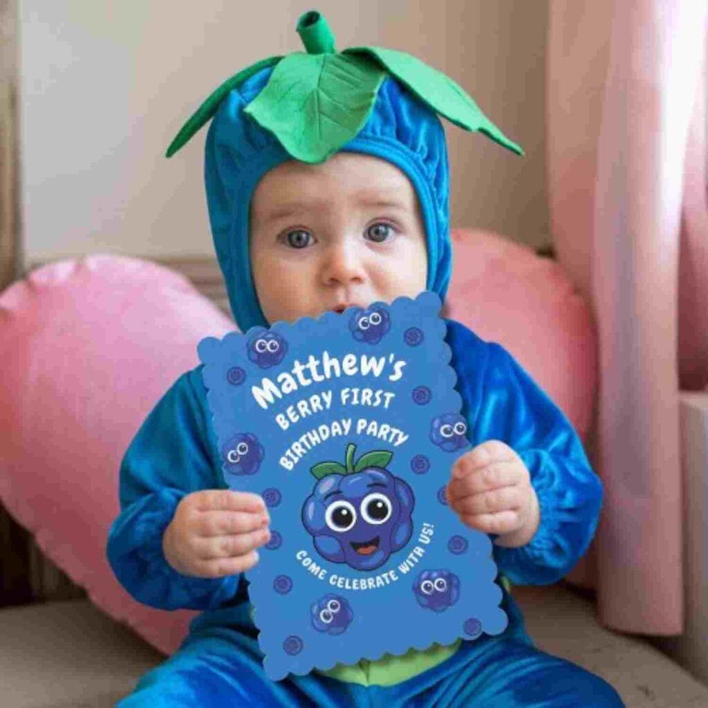 a baby boy dressed as a blueberry, holding a blueberry 1st birthday invitation