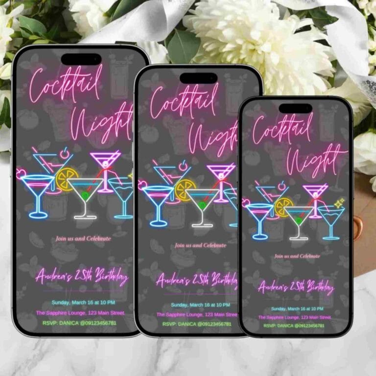 This image shows three smartphones displaying a digital invitation for a cocktail night. The design features bright, colorful neon-style illustrations of different cocktails, with garnishes like lemon slices and cherries. The background is dark with subtle drink-themed patterns. "Cocktail Night" is written in playful pink script at the top, and the event details — celebrating Andrea's 25th Birthday — are shown below in clear, colorful text. It has a fun, modern, and vibrant party vibe!