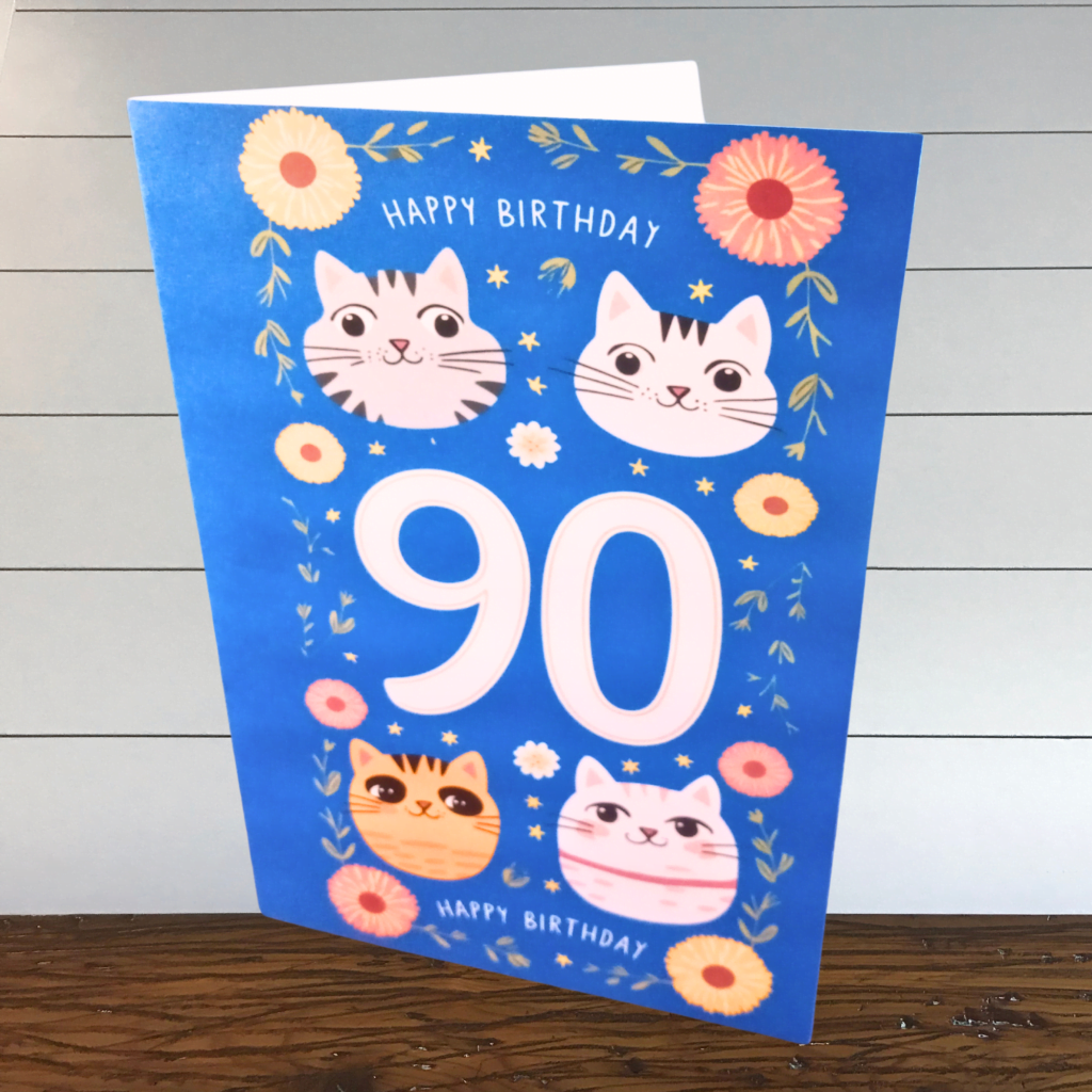 Printable 90th birthday card blue, with white 90, surrounded by cartoon cats