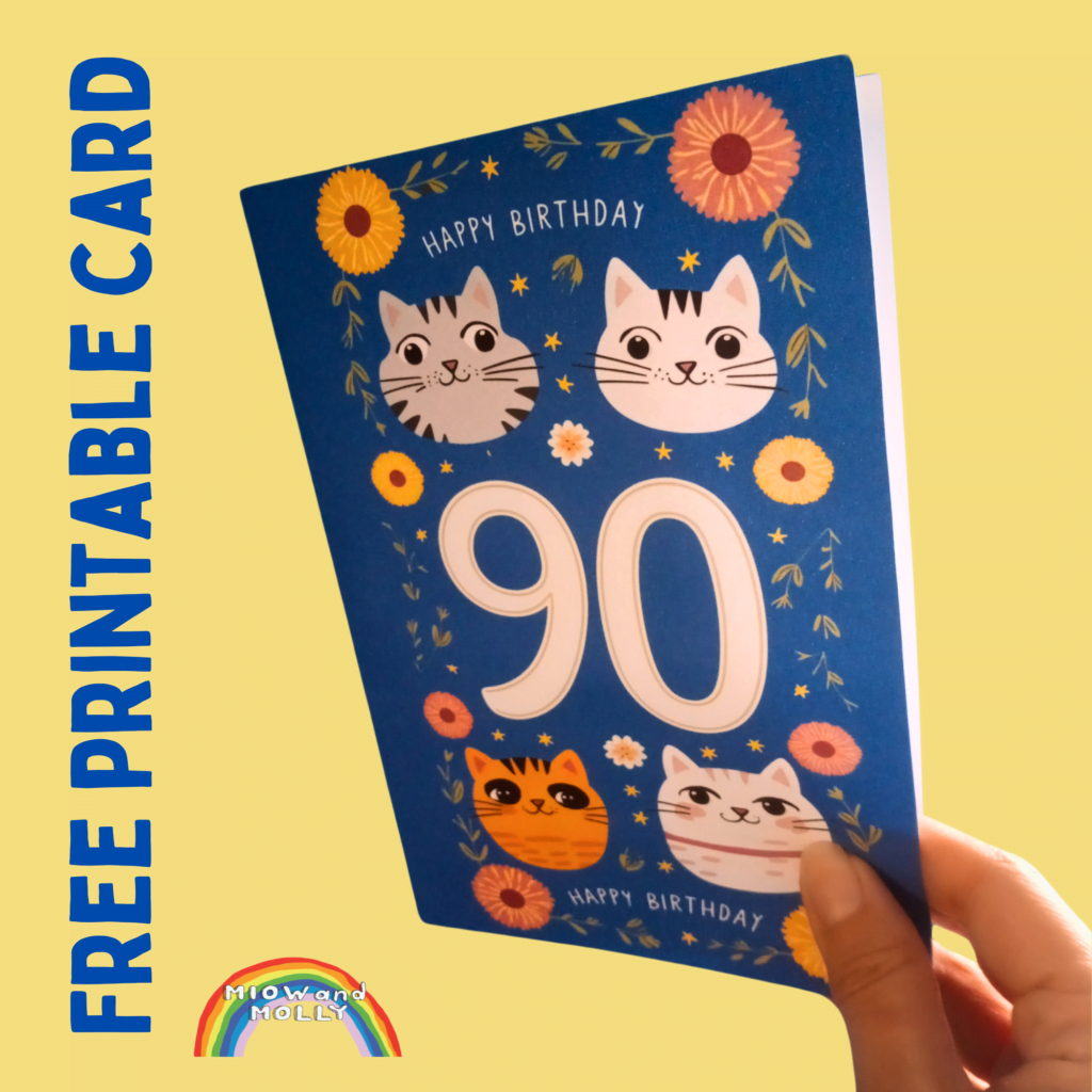 A 90th birthday card featuring 4 cartoon cats around the number 90