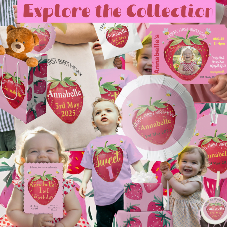 A collection of party stuff for a Strawberry themed 1st birthday party