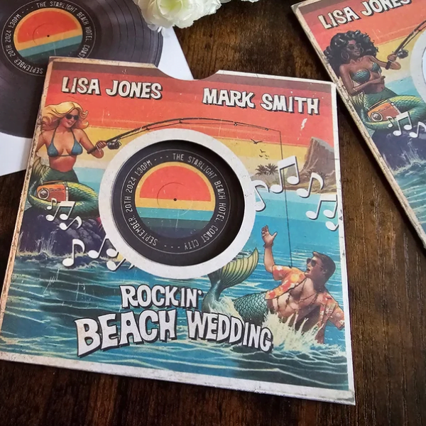 A wedding invite that looks like a 70's style record cover