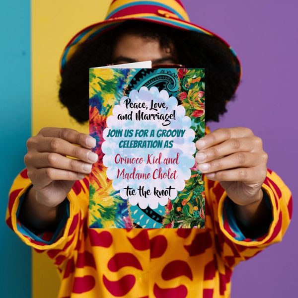 A groovy style wedding invite, with tie dye and paisley pattern