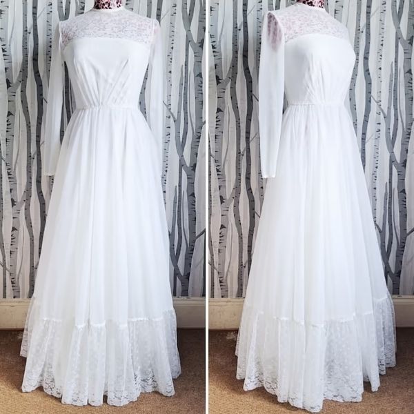A photo of a vintage 1970's wedding dress
