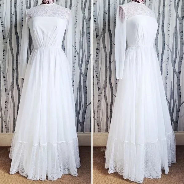 A photo of a vintage 1970's wedding dress
