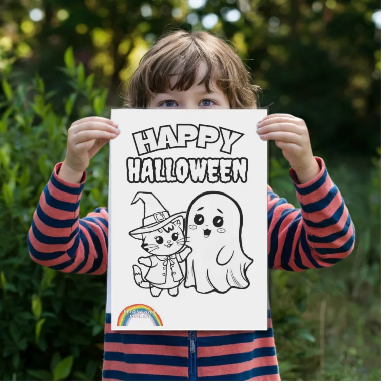 Boy holding up colouring in sheet