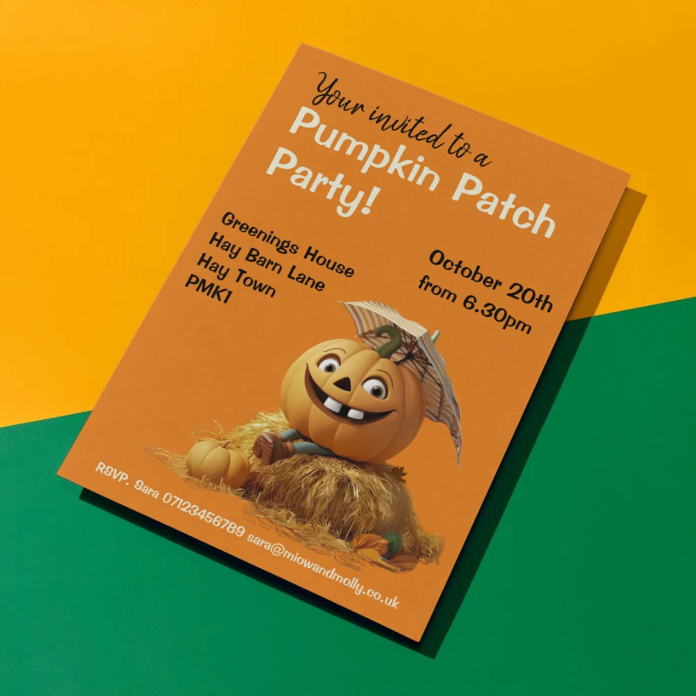 Pumpkin Patch party invitation with cartoon pumpkin on front