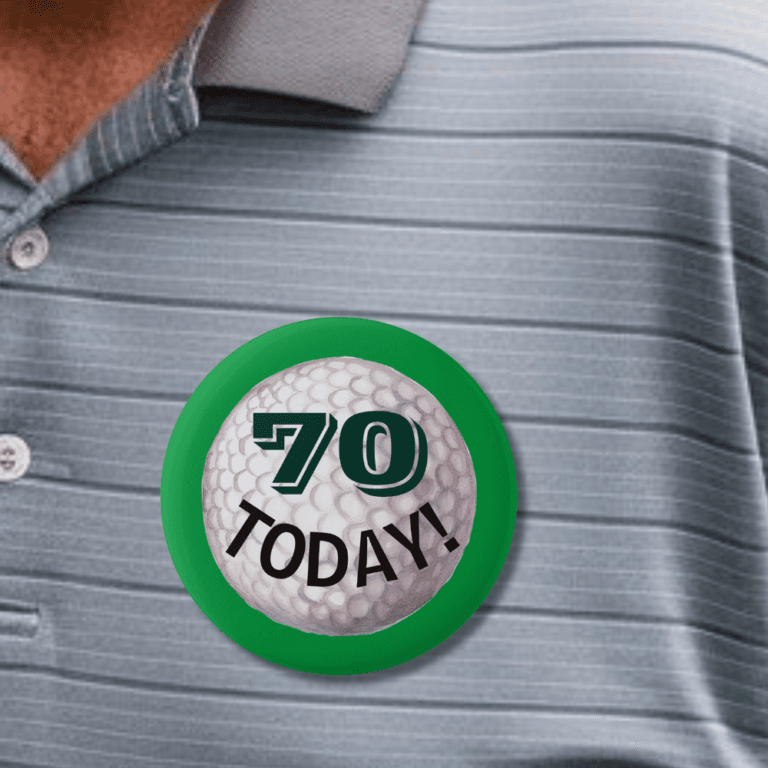 70th birthday badge in shape of golf ball