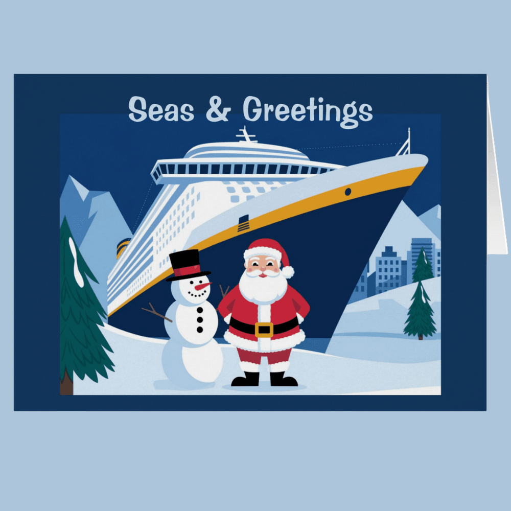 A Christmas card with a Cruise ship, snowman and Santa on front
