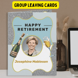 a personalised retirement party card, with a photo in the middle and champagne and glass around it.