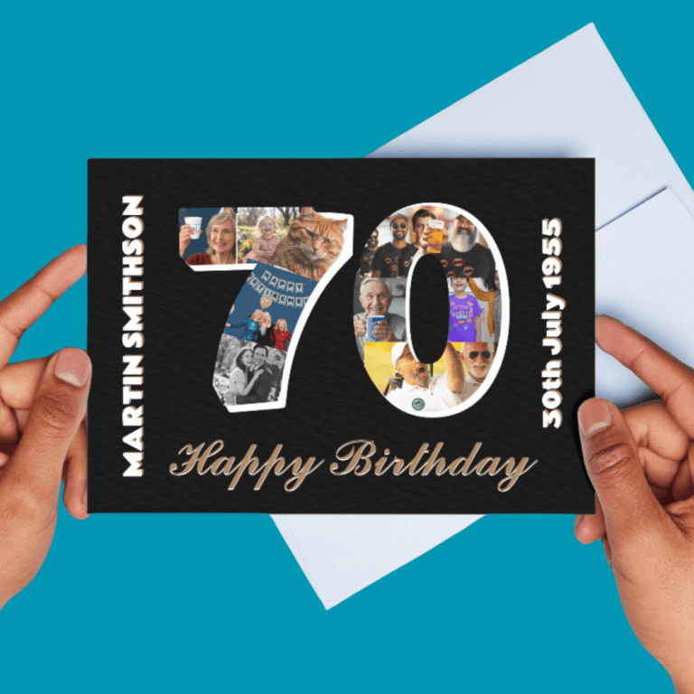 Greeting card, on front a big 70, that is filled with opersonal pjotos, then the persons name on the side, plus birth date
