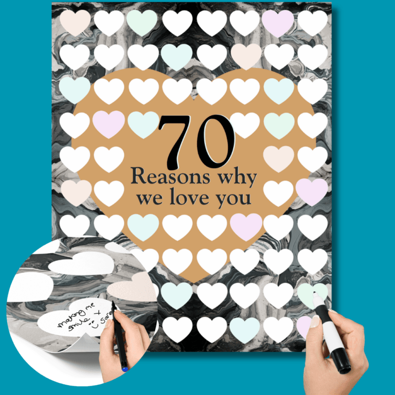 write on poster with 70 blank hearts and the words , 70 reasons why I love you