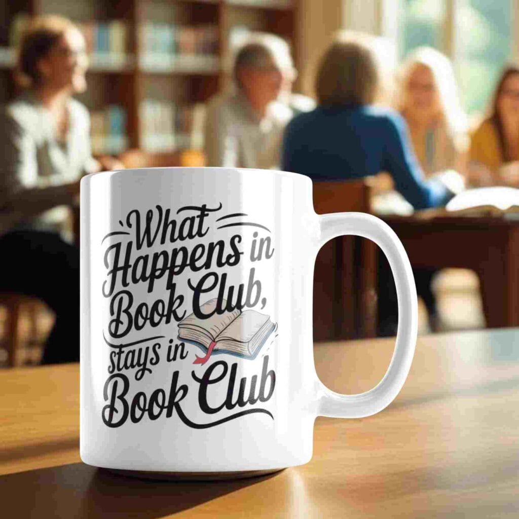 A white mug with text on it. The text says 'What happens in book club, stays in book club'