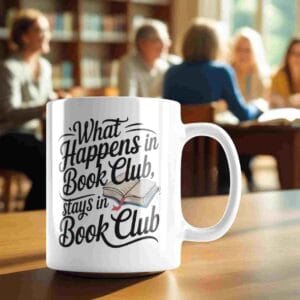 A white mug with text on it. The text says 'What happens in book club, stays in book club'