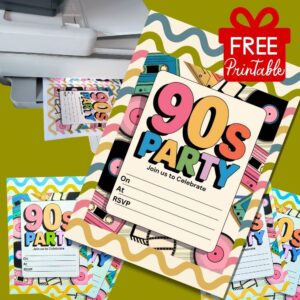 Printable 1990s party invitations with neon graphics – free download