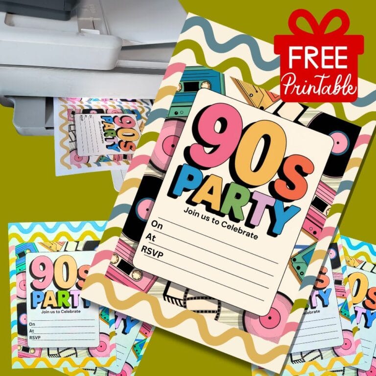 Printable 1990s party invitations with neon graphics – free download
