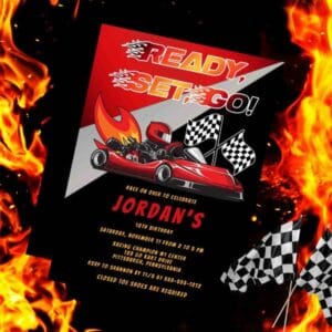 bright and colourful kids go cart racing invite