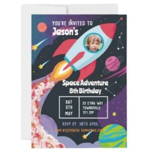 a child in a space craft design for a kids science party invitation