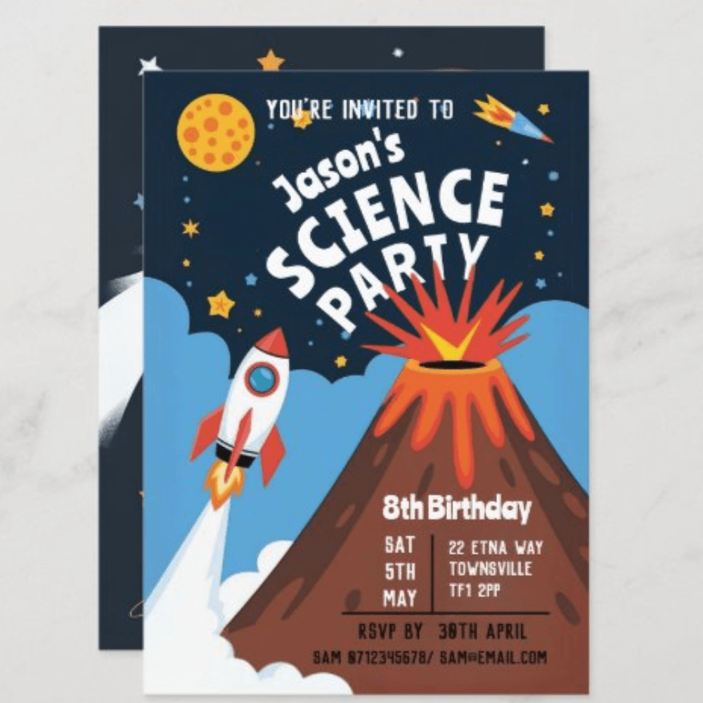 Science party invite with rocket and volcano
