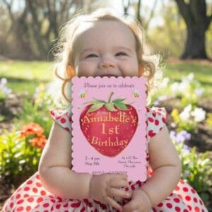 a baby holding a strawberry themed 1st birthday card