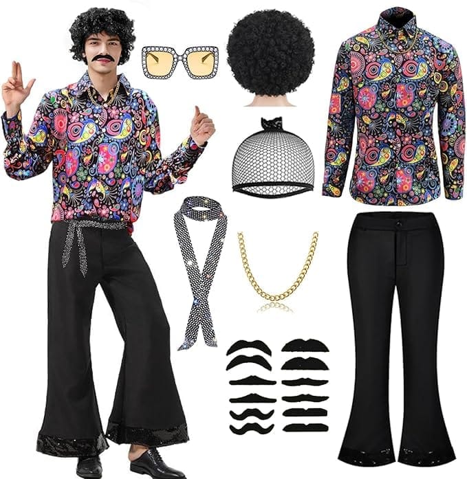 70s Fancy Dress Mens Flares 70s Shirts for Men, 8 Pieces Abba Costume Men with Wig, Fake Mustache, 70s Glasses, Disco Outfit Men for 60s 70s Cosplay