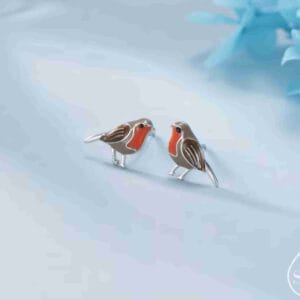 Hand Painted Enamel Robin Bird Stud Earrings in Sterling Silver
