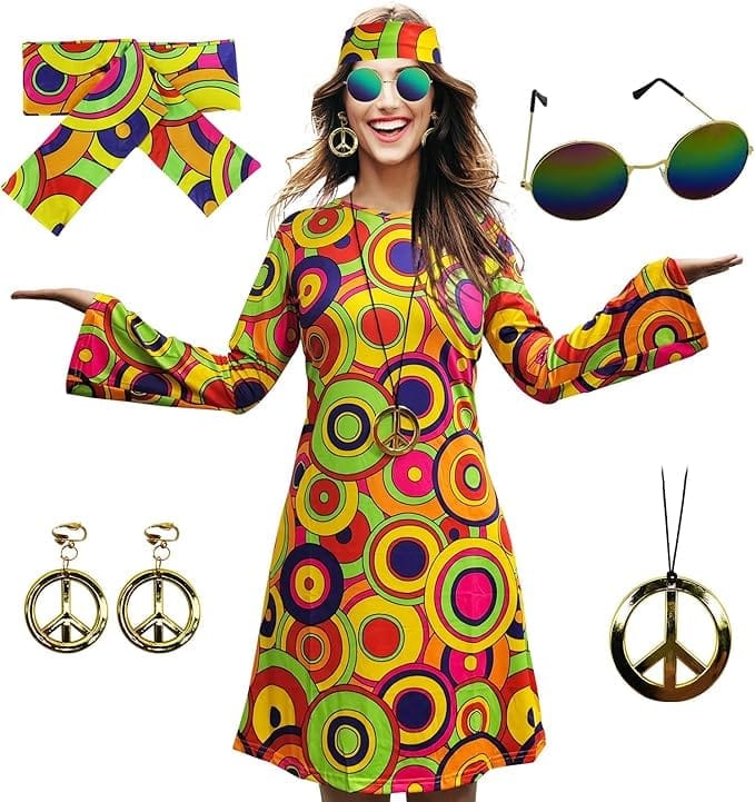 MRYUWB 70s Hippie Dress Costumes Necklace Earrings Sunglass Women Disco Outfit, 60s Party Costume, Halloween Retro Dresses