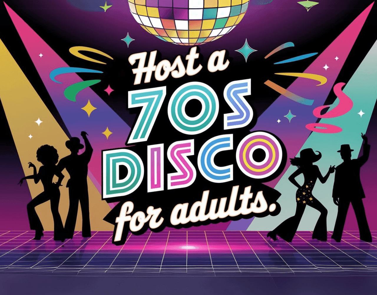 A retro scene of a 70's disco in cartoon format, with silohettes of people dancing wearing 70's type clothing, such as flares.