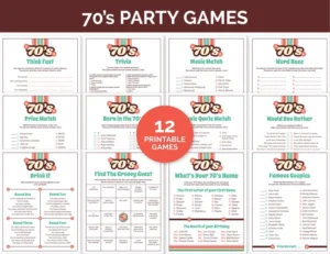A picture of 12 printable games for a 70s party, trivia quizes about the era