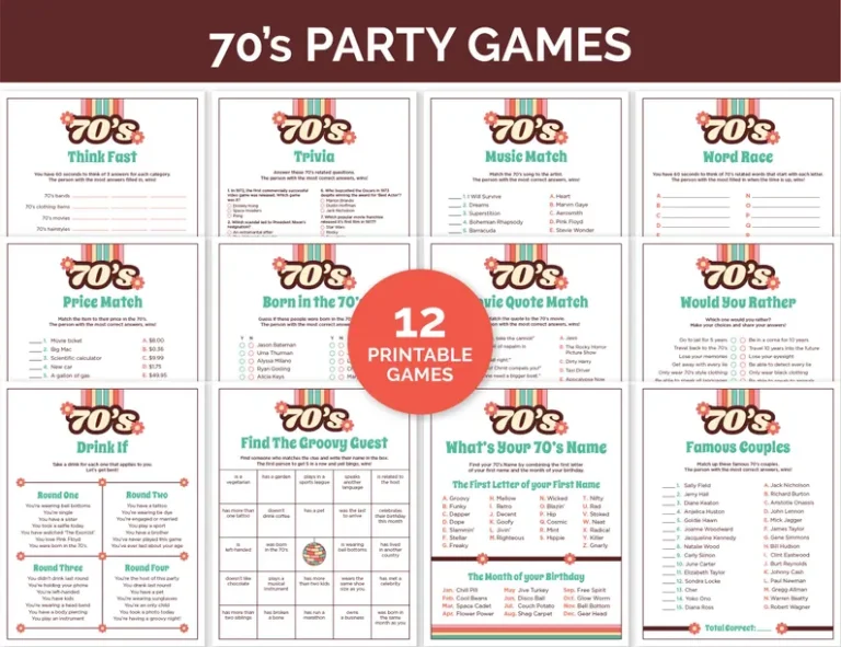 A picture of 12 printable games for a 70s party, trivia quizes about the era