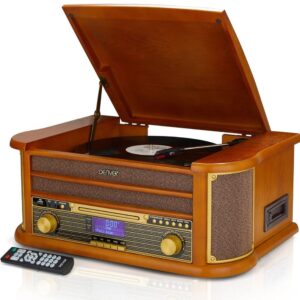 9-IN-1 WOODEN VINTAGE RECORD PLAYER MUSIC CENTRE – Retro home audio record player with speakers enabling you to listen to vinyl records, cassette tapes, DAB / DAB+ radio, FM radio, CDs, MP3 music from USB, has wireless Bluetooth, AUX IN & Line Out. Headphone socket located conveniently on front of music centre for private listening