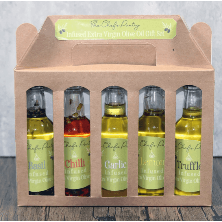 A set of 5(five) 50ml bottles of infused Extra Virgin Olive Oils Basil Infused Chilli Infused Garlic Infused Lemon Infused Black Truffle Infused