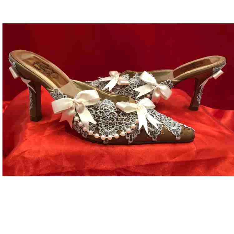 UK6 Marie Antoinette / Bridgerton Gold Satin Beaded Mules with Grey French Lace, Ivory Satin Bows and Ivory Pearls.