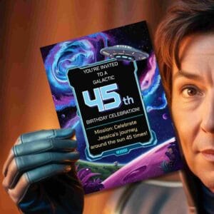 a person holding an invitation for a sci fi party for a 45 year old