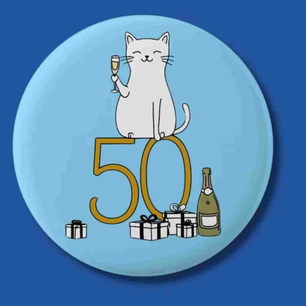 50th birthday cat pin badge