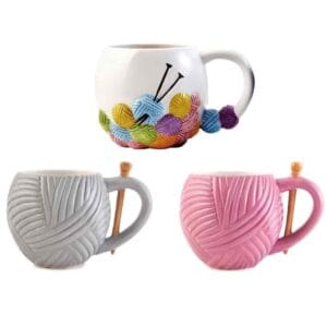 Ball-of-wool shaped mug — cute knitting gift for 70-year-old woman