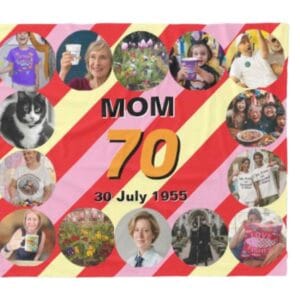 Custom embroidered fleece blanket on armchair – cozy 70th birthday gift for woman