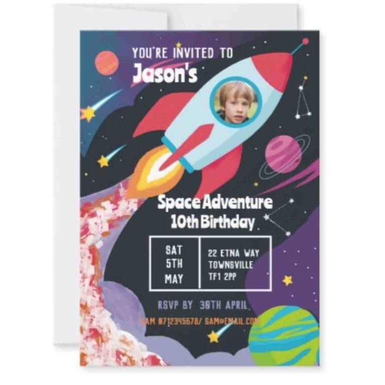invitation for a space adventure party, that shows a round head photo of a child in a rocket