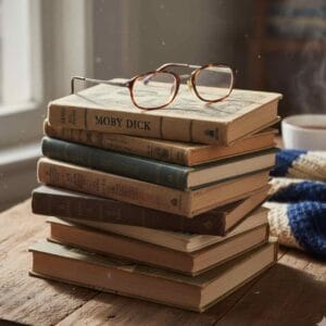 Stack of novels with reading glasses – cozy book lover gift for 70-year-old woman