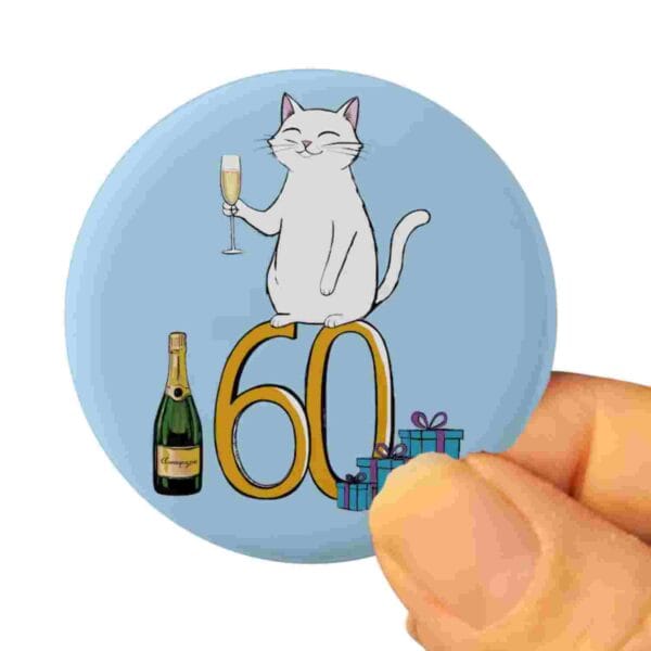 60th birthday cat pin badge