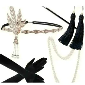 Feather boa, pearl necklace, and sequined headband – 1920s flapper costume accessories